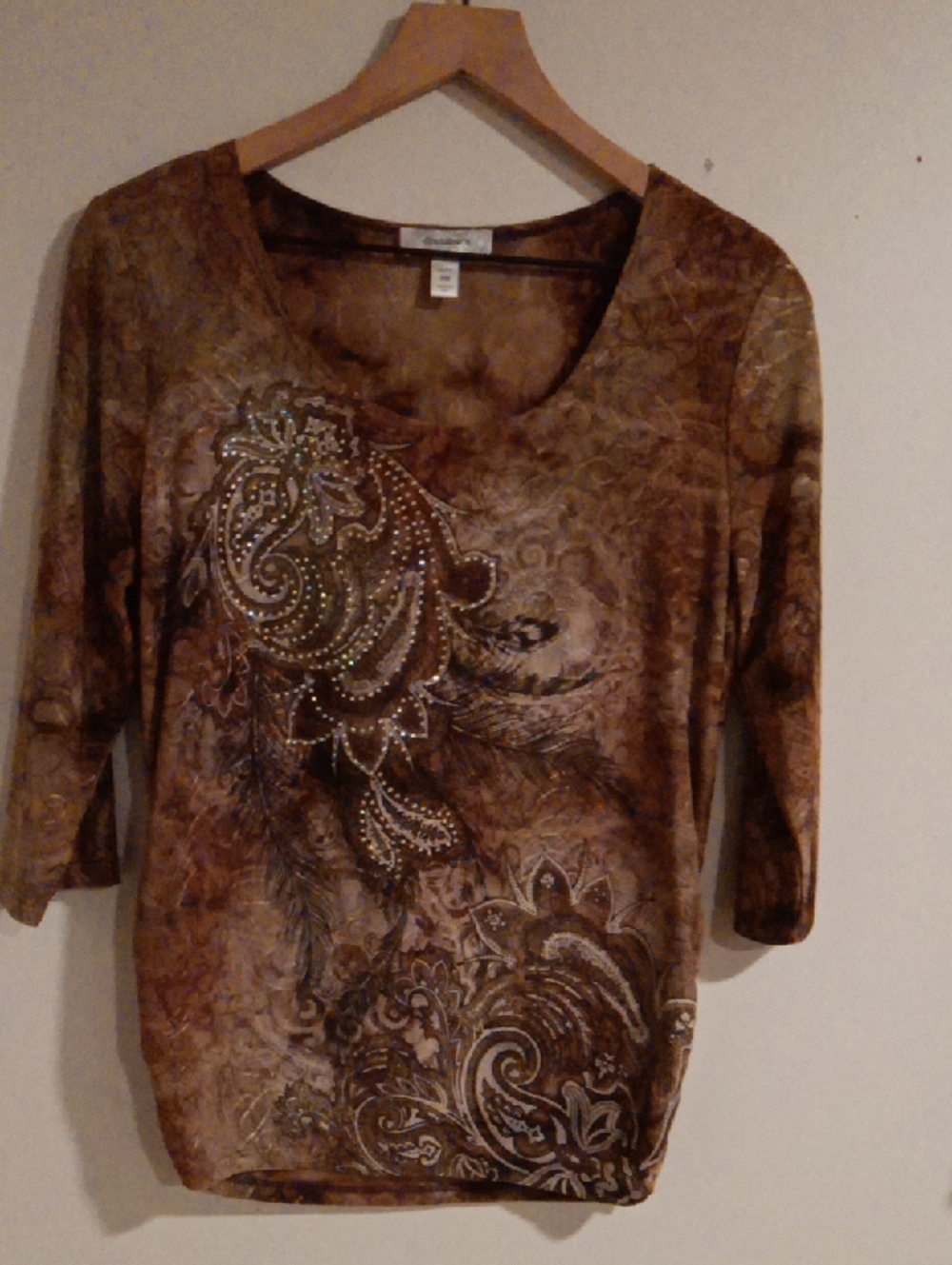 dressbarn Brown Paisley Scoop-Neck Long Sleeve Top with Rhinestone Detail